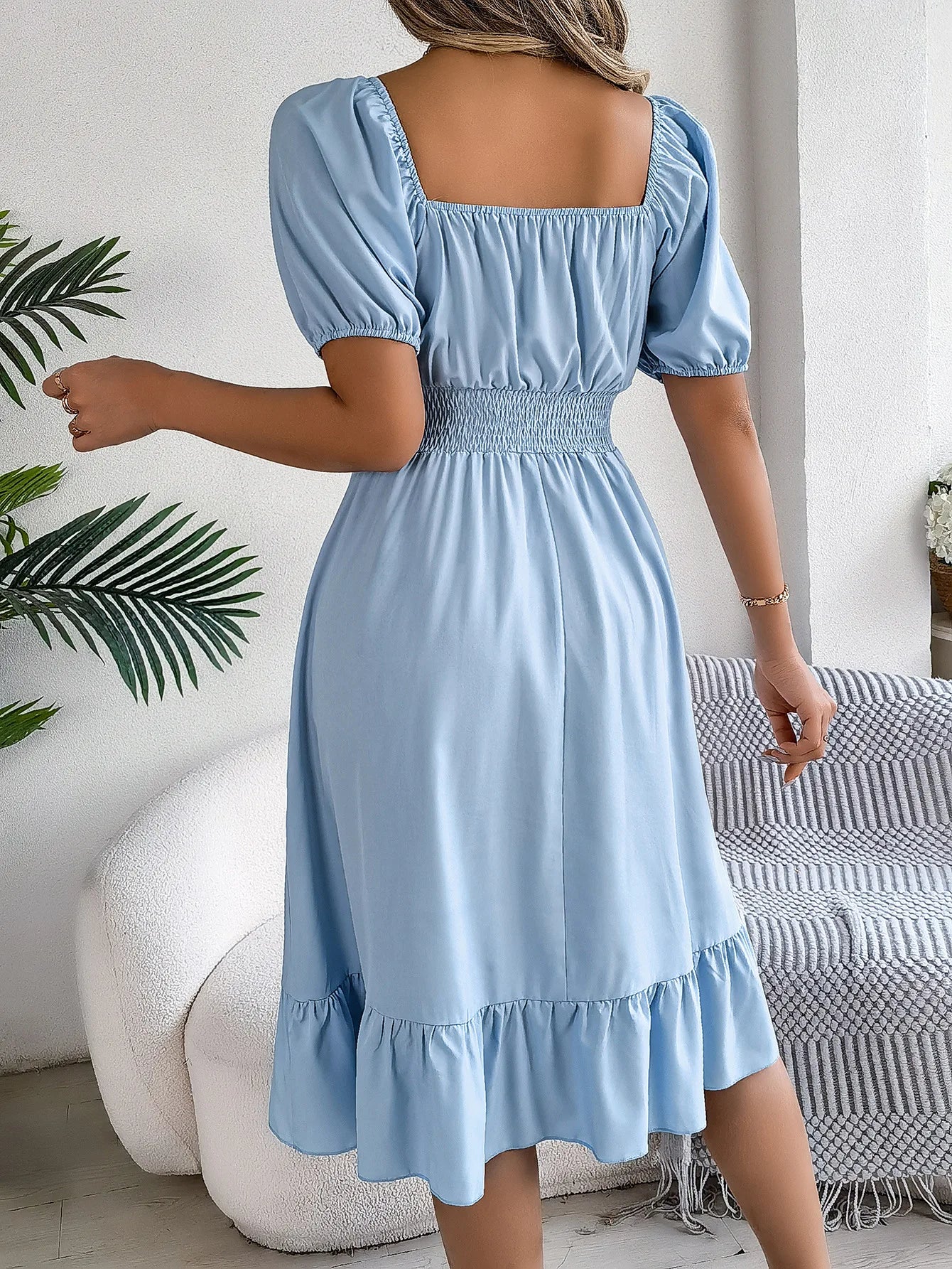 Mulheres Vestidos Pequenos 2024 Verão Casual Decote Quadrado Manga Curta Cintura Vestido de Borda com Babado Mulheres Elegante