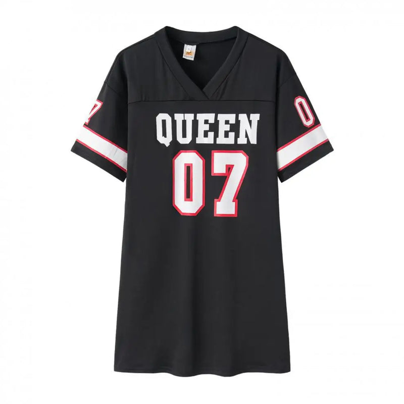 2024 Nova Moda Decote Em V Rainha Letras Vestido Estampado Manga Curta Basquete Estilo Esportivo Sexy Solto Roupas Femininas Streetwear