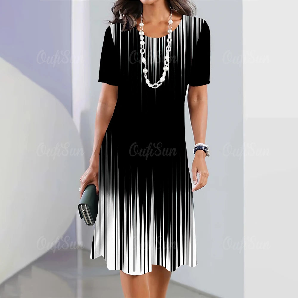 Moda Listrada Mulher Roupas Vestidos Simplicidade Imprimir Manga Curta Vestido Feminino Elegante Preto Feminino Vestido Longo Pulôver 2024