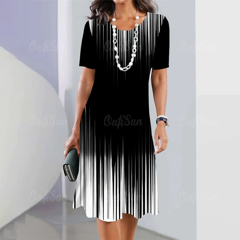 Moda Listrada Mulher Roupas Vestidos Simplicidade Imprimir Manga Curta Vestido Feminino Elegante Preto Feminino Vestido Longo Pulôver 2024