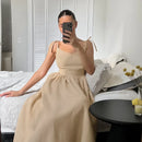 Vestido de cintura alta com suspensório respirável de algodão e linho Verão europeu e americano Novo estilo de férias saia longa para mulheres