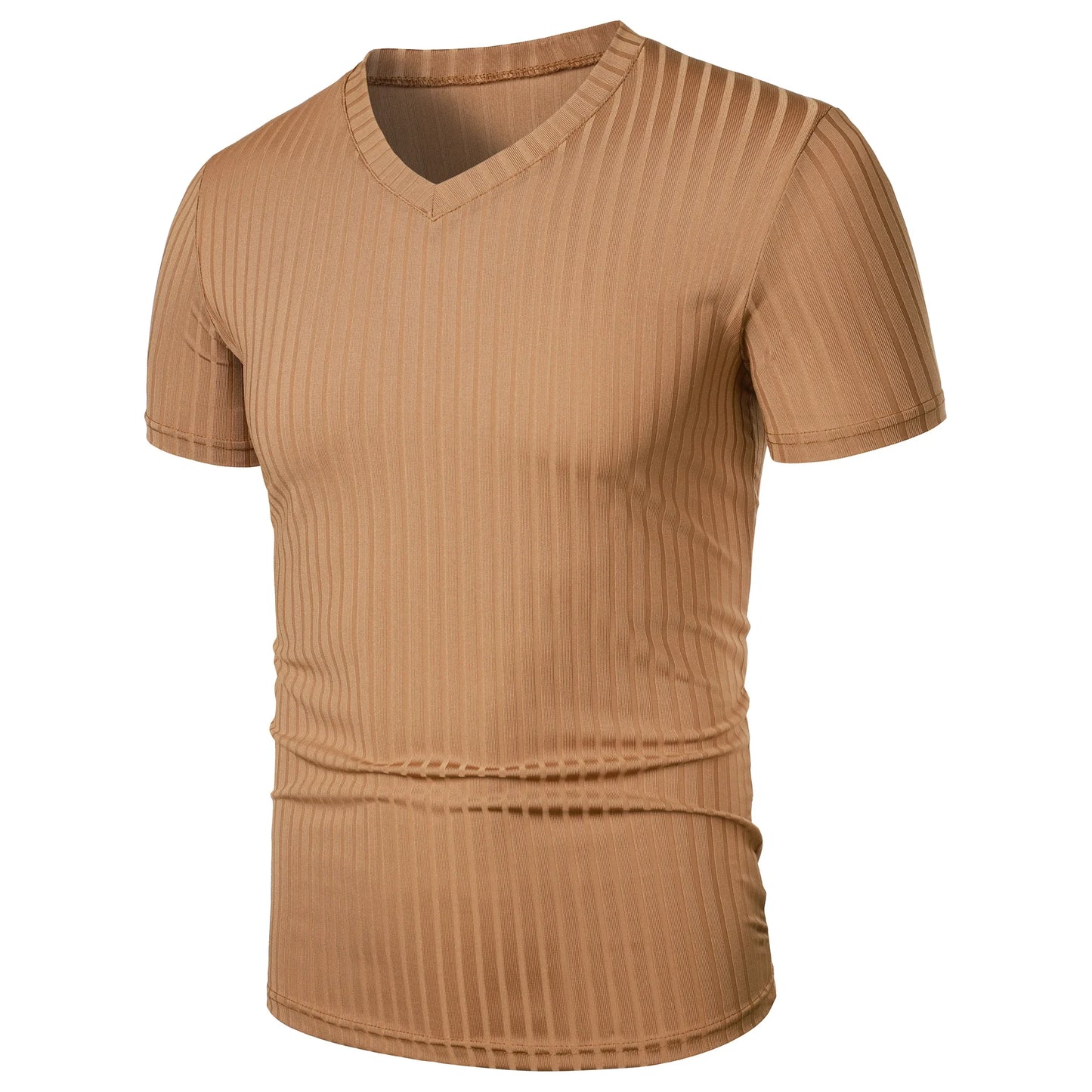 Homens Corrida Esportes Fitness Verão Novo Alto Elástico Listra Vertical Manga Curta Decote em V Slim Fit Malha Inferior Camisa Top