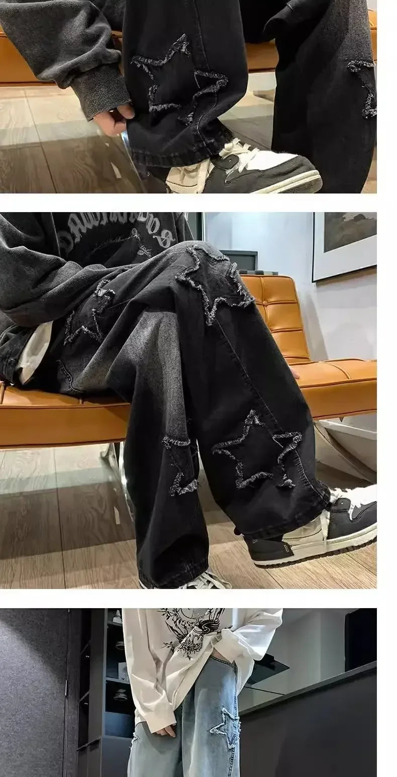 Estrelas Patchwork Homens Jeans Nova Moda Y2K Tassel Pants Coréia Roupas Em Linha Reta Hip Hop Emenda Calças Masculinas Streetwear