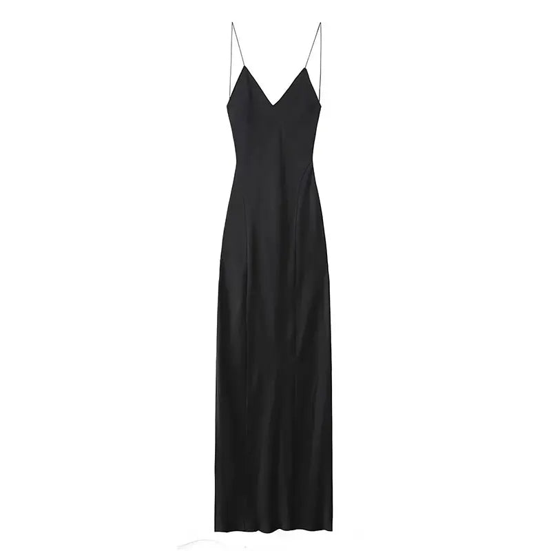 TRAFZA 2024 Mulheres Vestido de Verão Cetim Sem Mangas Sem Encosto Decote Em V Feminino Vestidos Longos Chic Sexy Party Vintage Mulher Vestido de Noite