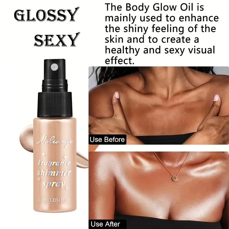 Spray Iluminador com Glitter Perolado, Óleo Loção, Iluminador Líquido para Rosto, Corpo, Pescoço e Cabelo, Brilho Duradouro para Maquiagem