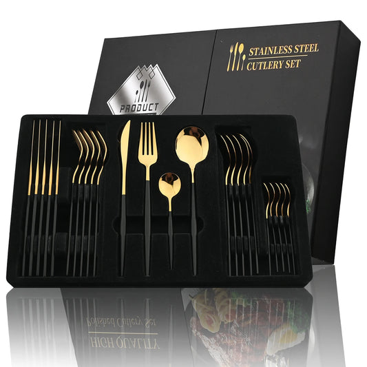 24 Pcs Preto Punho Conjunto de Talheres Dourados Aço Inoxidável Faca Garfo Colher Talheres Conjunto de Talheres Festival Cozinha Louça Presente