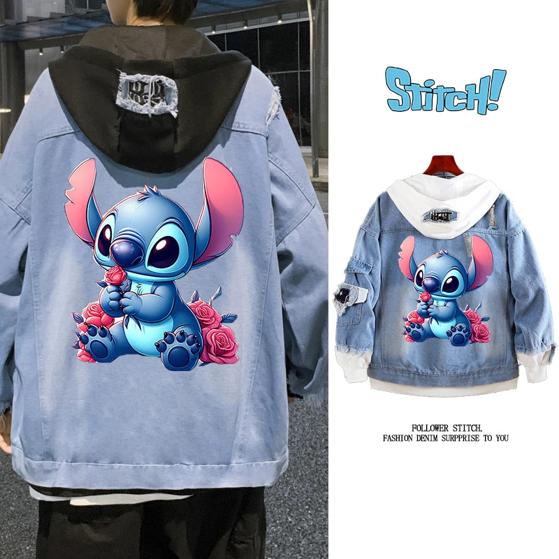 Lilo&stitch Hip Hop Jaquetas Jeans com Capuz para Homens Roupas Femininas Outono Inverno Jaqueta Masculina Patchwork Jaqueta Jeans Streetwear Roupas
