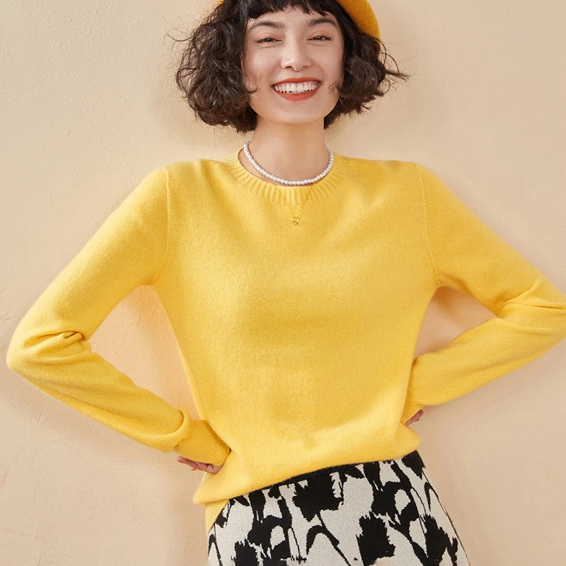 Pulôver feminino outono/inverno 100% puro suéter de caxemira casual suéter de malha gola redonda solto Tops básico versátil Blusa