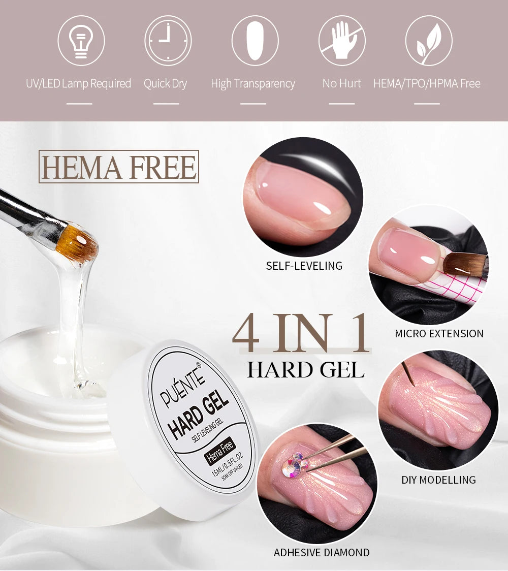 Esmalte em Gel Autonivelante 15ML Livre de Hema Gel Transparente Rígido Extensão de Unhas Modelagem 3D Cola para Strass Removedor de Verniz UV