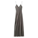 TRAFZA 2024 Mulheres Vestido de Verão Cetim Sem Mangas Sem Encosto Decote Em V Feminino Vestidos Longos Chic Sexy Party Vintage Mulher Vestido de Noite