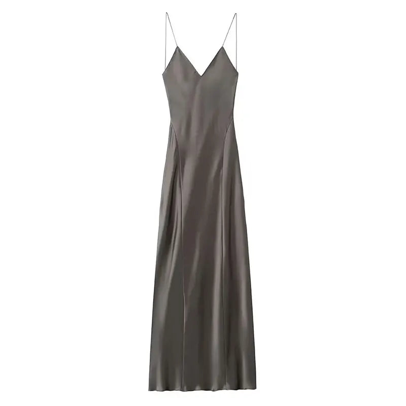TRAFZA 2024 Mulheres Vestido de Verão Cetim Sem Mangas Sem Encosto Decote Em V Feminino Vestidos Longos Chic Sexy Party Vintage Mulher Vestido de Noite