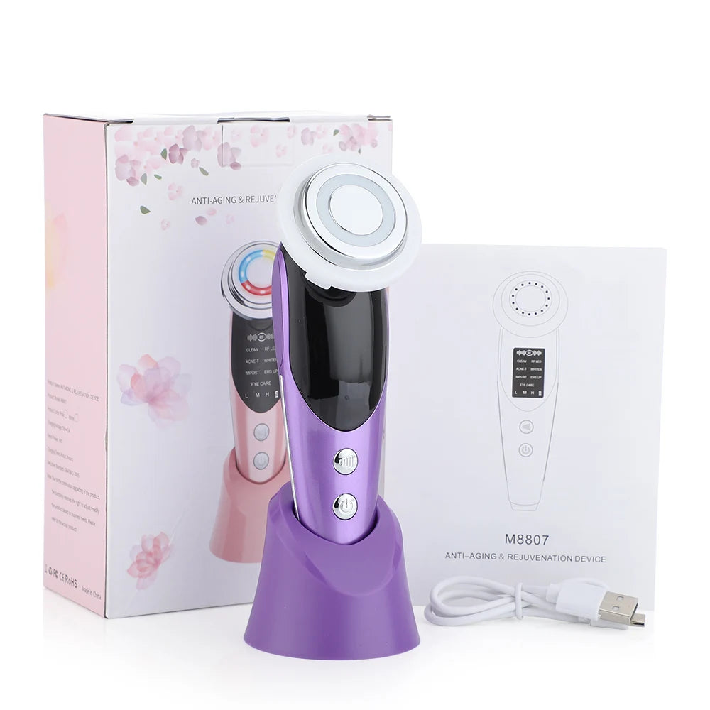 Massageador Facial RF EMS 7 em 1 Ferramentas de Cuidados