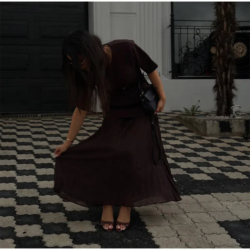 2025 Chic Splicing Brown Meia Manga Maxi Vestido Feminino Casual Plissado A Linha Slim Vestidos Femininos Escritório Comutar Vestes de Rua