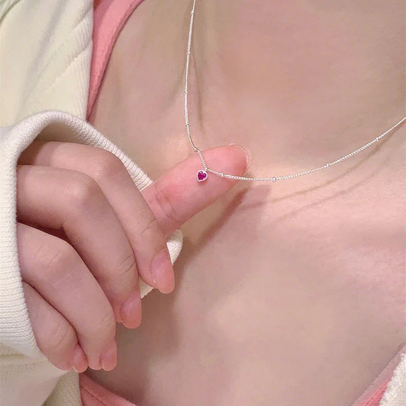 925 Colar de Prata Esterlina Pingente Para Mulheres Jóias Amor Colar Pequeno Mini Pingente de Coração Vermelho Simples Colar Em Forma de Coração