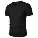 Homens Corrida Esportes Fitness Verão Novo Alto Elástico Listra Vertical Manga Curta Decote em V Slim Fit Malha Inferior Camisa Top