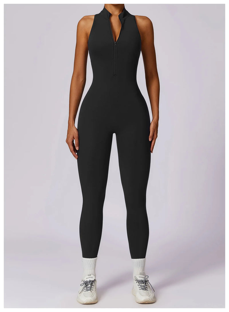 V Voltar Terno De Uma Peça Das Mulheres Macacão Esportivo Zíperes Yoga Macacão Backless Sportswear Mulheres Sleeveles Workout Bodysuits Feminino