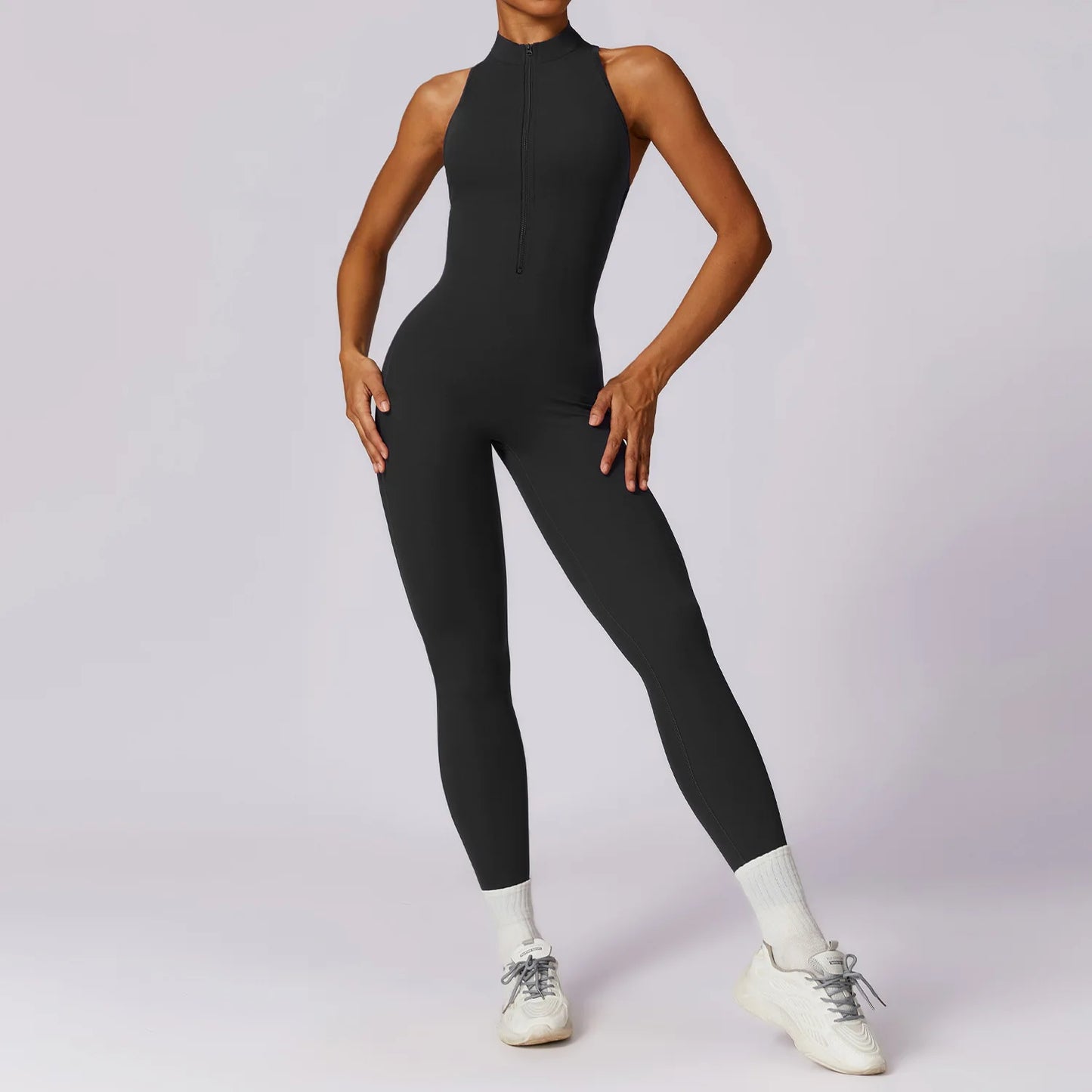 V Voltar Terno De Uma Peça Das Mulheres Macacão Esportivo Zíperes Yoga Macacão Backless Sportswear Mulheres Sleeveles Workout Bodysuits Feminino