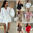 Elegante Plissado Vestido Curto Mulheres Solto Lace Up Manga Longa Flare V Neck Vestidos Feminino 2025 Primavera Oco Out Praia Robe Senhora