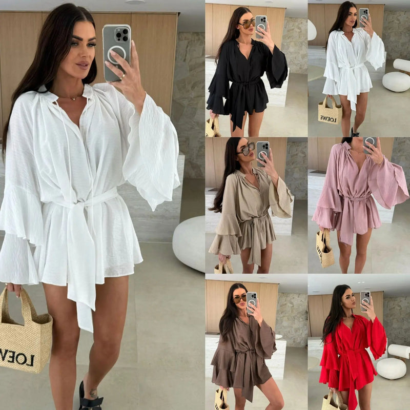 Elegante Plissado Vestido Curto Mulheres Solto Lace Up Manga Longa Flare V Neck Vestidos Feminino 2025 Primavera Oco Out Praia Robe Senhora