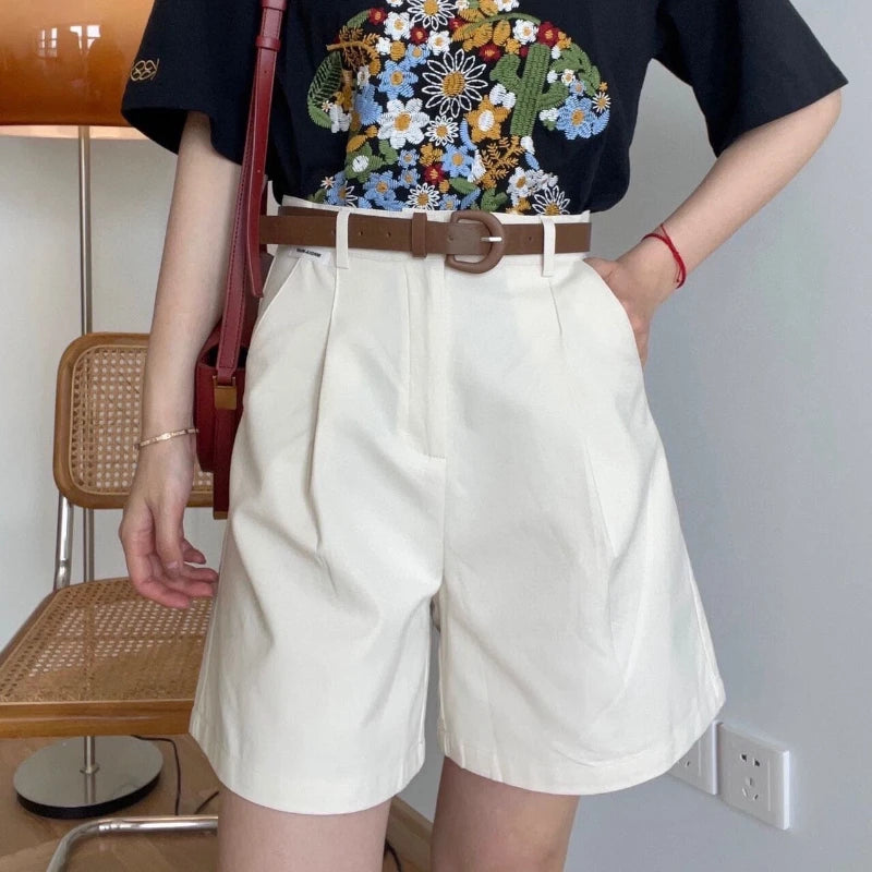 2024 Shorts de perna larga de verão para mulheres cintura alta casual algodão jeans calças curtas com cinto Shorts femininos coreanos da linha A da menina