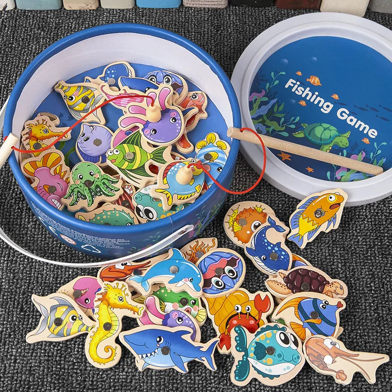 Brinquedos de pesca de madeira Montessori para crianças Vida marinha magnética Cognição Jogos de peixes Brinquedo educativo interativo para pais e filhos