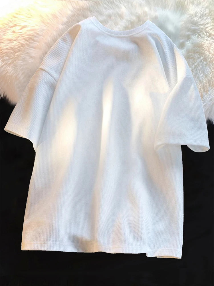 Camiseta Waffle Masculina Nova Gola Redonda Solta Camiseta Feminina Moda Casual Camisetas Verão High Street Oversized Meia Manga Camisetas Top