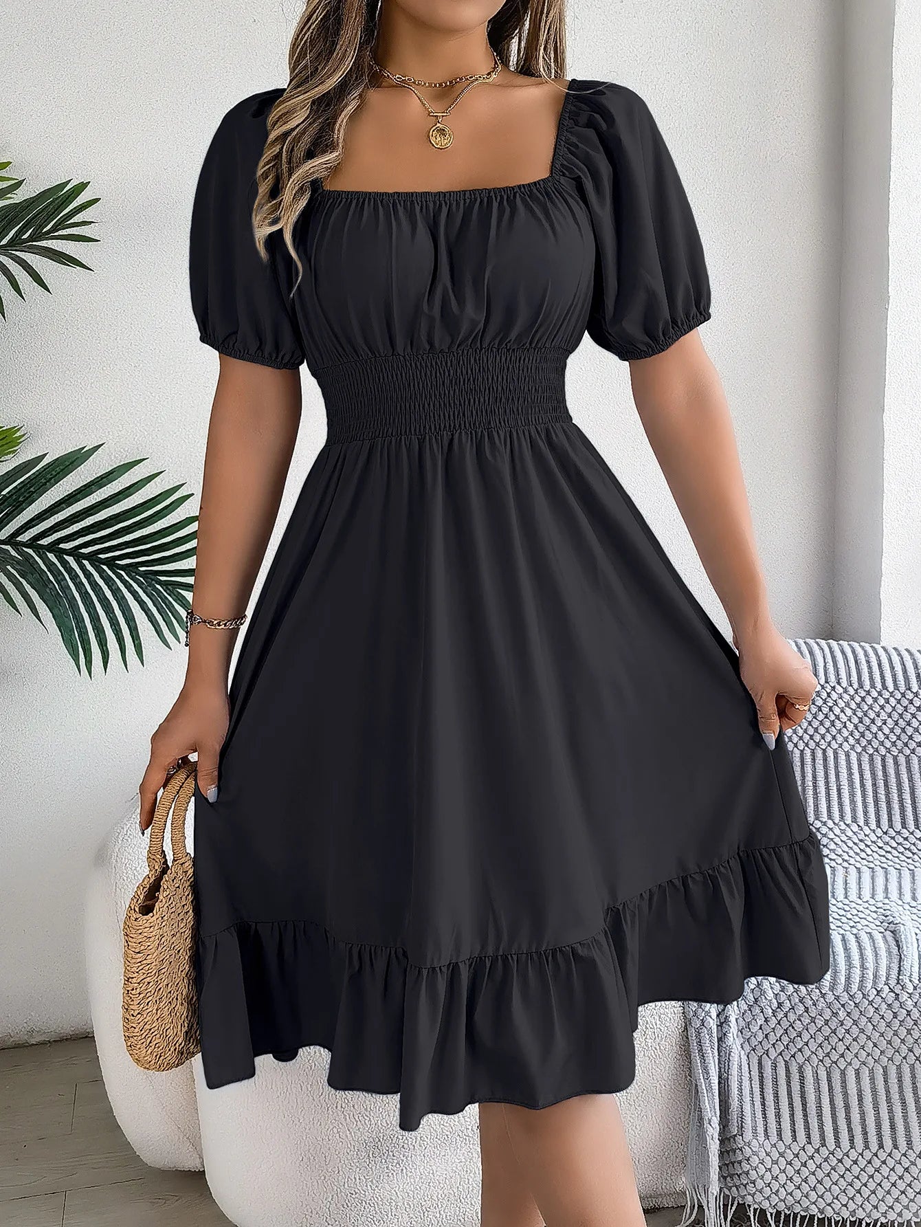 Mulheres Vestidos Pequenos 2024 Verão Casual Decote Quadrado Manga Curta Cintura Vestido de Borda com Babado Mulheres Elegante