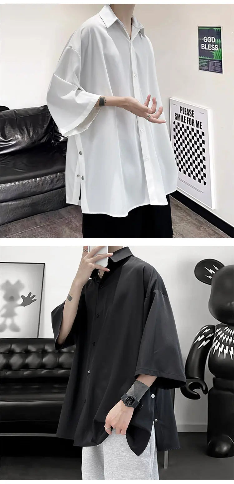 Camisa de manga curta de verão para homens de grandes dimensões preto branco camisa streetwear coreano solto camisas de seda de gelo dos homens camisa casual m-3xl