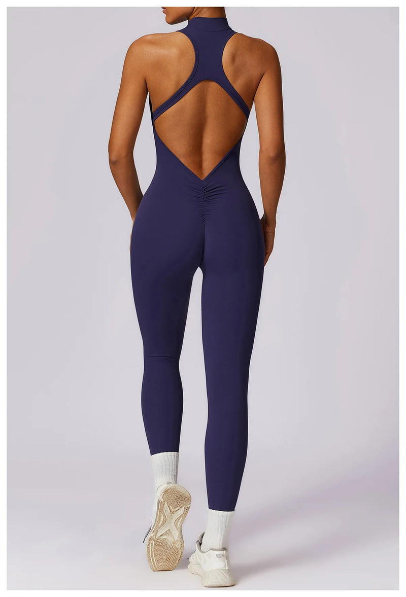 V Voltar Terno De Uma Peça Das Mulheres Macacão Esportivo Zíperes Yoga Macacão Backless Sportswear Mulheres Sleeveles Workout Bodysuits Feminino
