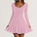 Vestidos femininos Mia Muse para todas as estações Namoro francês Cor sólida Bainha de alface Manga comprida Decote redondo Mini vestido de festa com babados