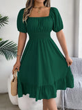 Mulheres Vestidos Pequenos 2024 Verão Casual Decote Quadrado Manga Curta Cintura Vestido de Borda com Babado Mulheres Elegante