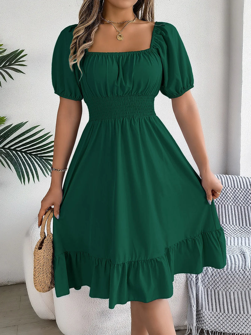 Mulheres Vestidos Pequenos 2024 Verão Casual Decote Quadrado Manga Curta Cintura Vestido de Borda com Babado Mulheres Elegante