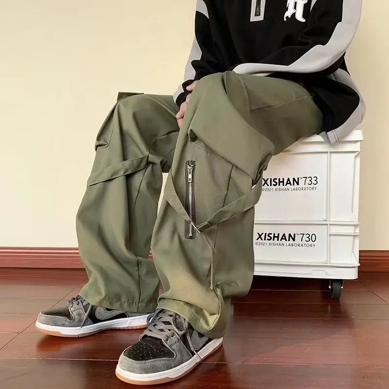 Calças Cargo Verdes Masculinas Oversize Zíper Preto Calças Cargo Masculinas Streetwear Hip Hop Pocket Spring Solto Casual Workwear