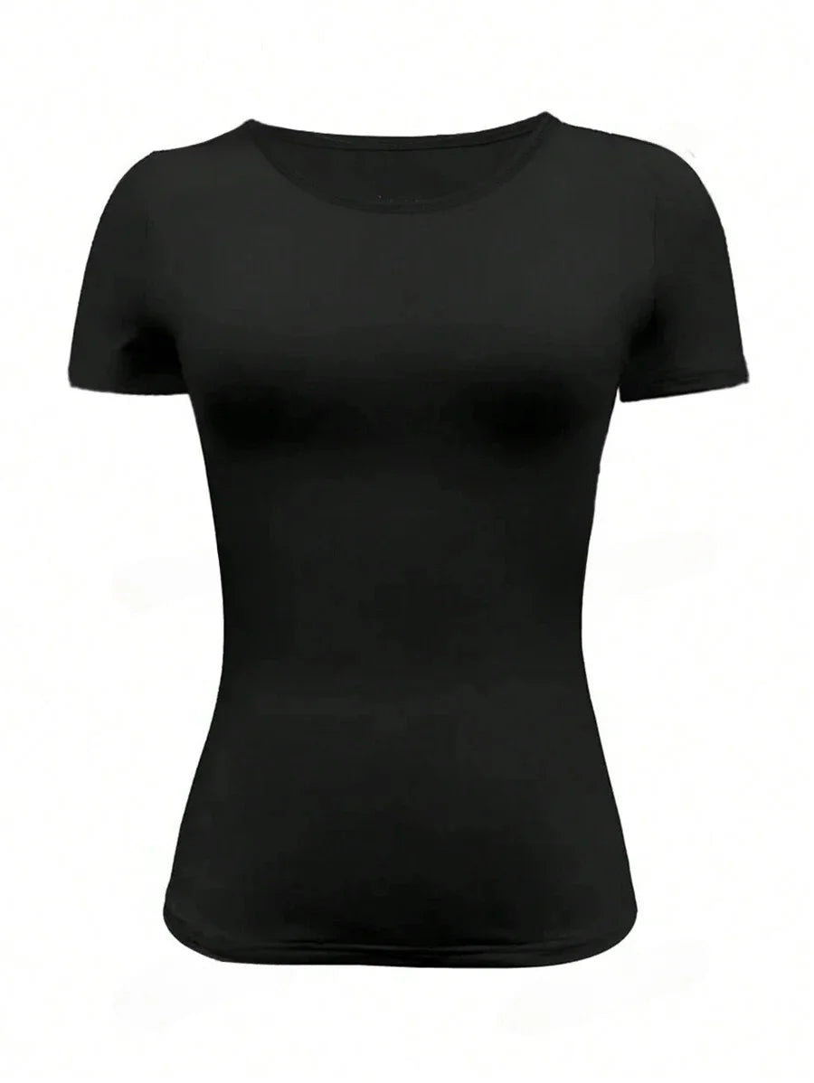 Camisetas Femininas Básicas Decote Redondo Manga Curta Tops Curtos Tops Fofos de Verão Camisetas Slim Fit Y2k Roupas 2024
