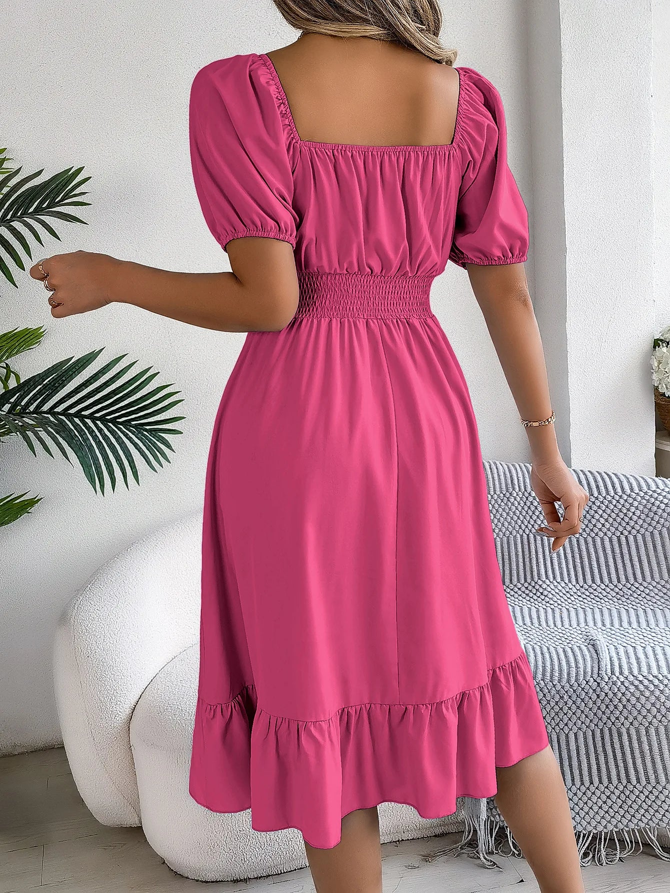 Mulheres Vestidos Pequenos 2024 Verão Casual Decote Quadrado Manga Curta Cintura Vestido de Borda com Babado Mulheres Elegante