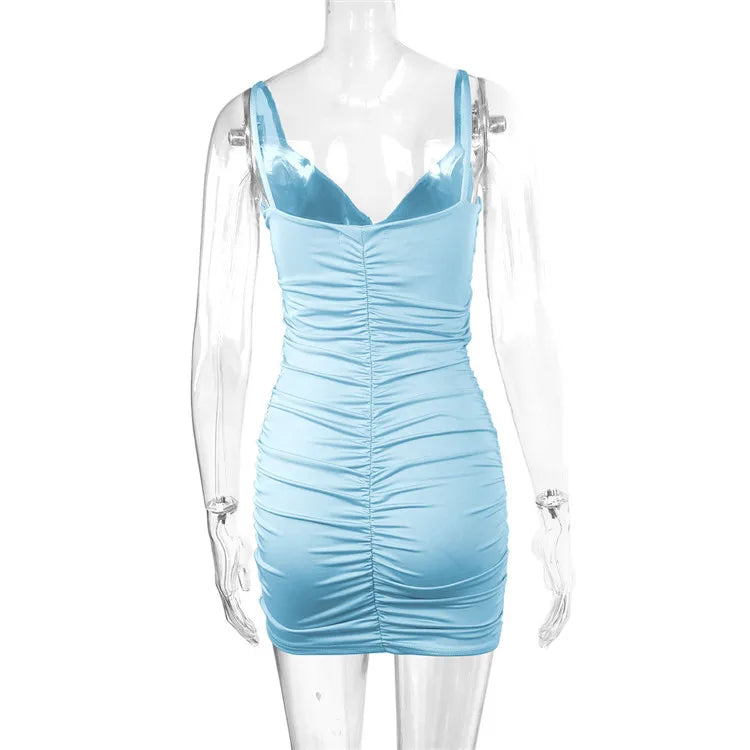 Fairyshely Sexy Ruffle Deep V Short Club Dress Senhoras 2024 Verão Azul Bodycon Vestidos Festa de Noite Mini Vestido Apertado