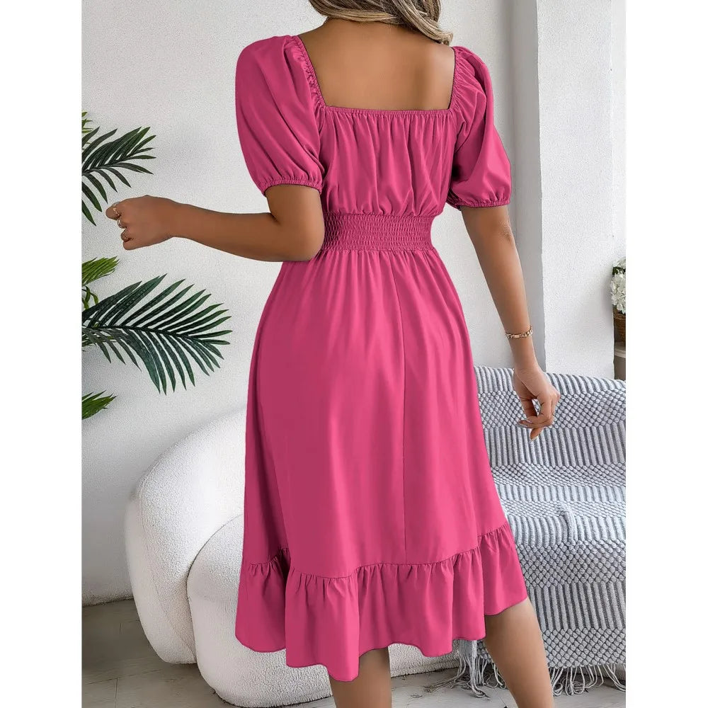 Mulheres Vestidos Pequenos 2024 Verão Casual Decote Quadrado Manga Curta Cintura Vestido de Borda com Babado Mulheres Elegante
