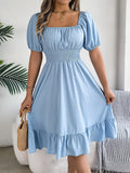 Mulheres Vestidos Pequenos 2024 Verão Casual Decote Quadrado Manga Curta Cintura Vestido de Borda com Babado Mulheres Elegante