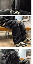 Estrelas Patchwork Homens Jeans Nova Moda Y2K Tassel Pants Coréia Roupas Em Linha Reta Hip Hop Emenda Calças Masculinas Streetwear