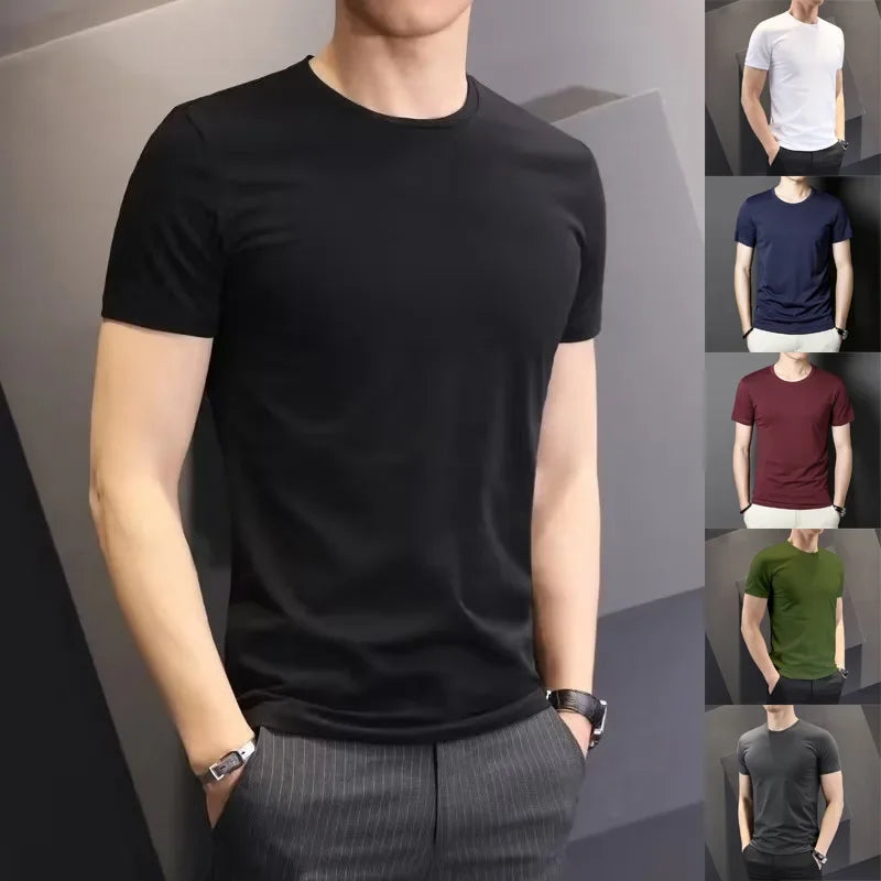 Camiseta masculina de verão estilo coreano Slim Fit de manga curta 140g blusa de poliéster suaviza sua silhueta Cor sólida Camada de base Top