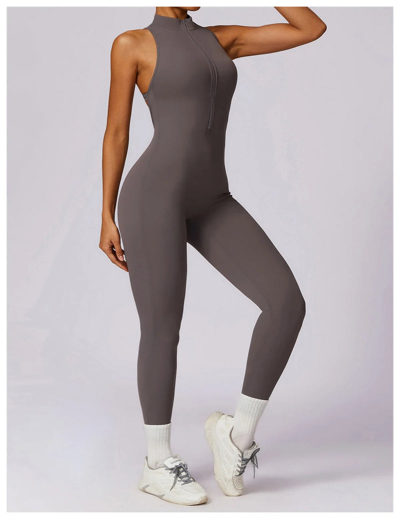 V Voltar Terno De Uma Peça Das Mulheres Macacão Esportivo Zíperes Yoga Macacão Backless Sportswear Mulheres Sleeveles Workout Bodysuits Feminino
