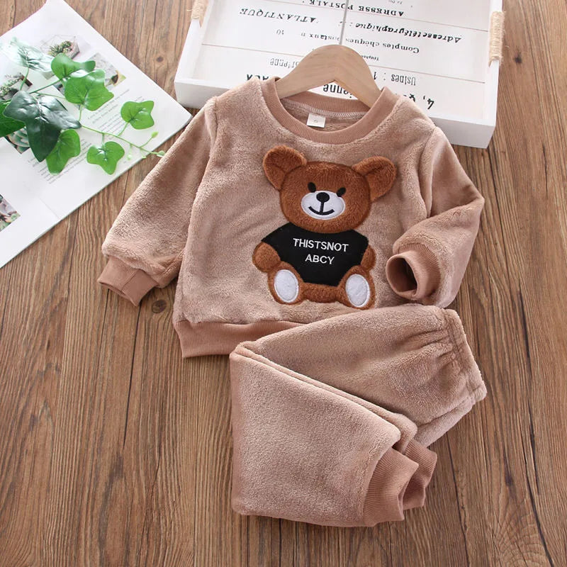 Novo Inverno Bebê Meninas Meninos Homewear Conjuntos Outono Moda Flanela Roupas de Lã Crianças Dos Desenhos Animados Urso Pijamas Crianças Pijamas