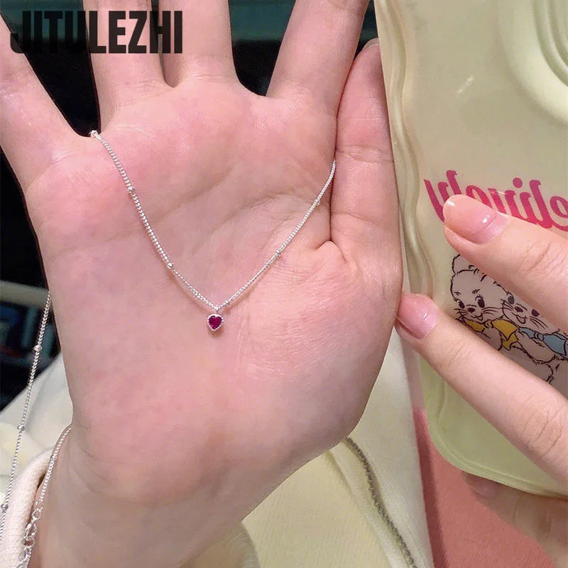 925 Colar de Prata Esterlina Pingente Para Mulheres Jóias Amor Colar Pequeno Mini Pingente de Coração Vermelho Simples Colar Em Forma de Coração