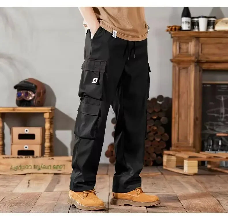 2024 Novas Calças Cargo Masculinas Soltas de Perna Reta Multi-Bolso Calças de Trabalho Vintage Calças Casuais Versáteis Modernas Primavera Outono