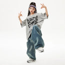 Meninas Meninos Hip Hop Dança de Salão Trajes 4 Crianças Cinza Camiseta Azul Denim Jeans Calças Jazz Dança Roupas Criança Palco Dancewear