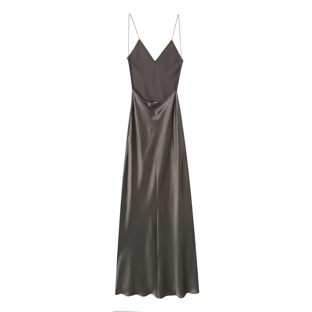 TRAFZA 2024 Mulheres Vestido de Verão Cetim Sem Mangas Sem Encosto Decote Em V Feminino Vestidos Longos Chic Sexy Party Vintage Mulher Vestido de Noite