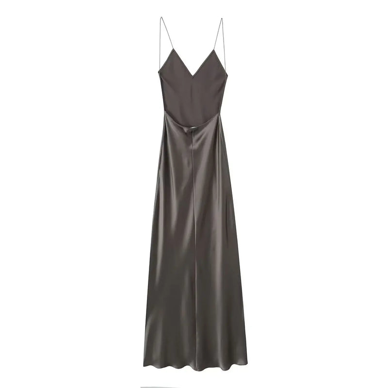 TRAFZA 2024 Mulheres Vestido de Verão Cetim Sem Mangas Sem Encosto Decote Em V Feminino Vestidos Longos Chic Sexy Party Vintage Mulher Vestido de Noite