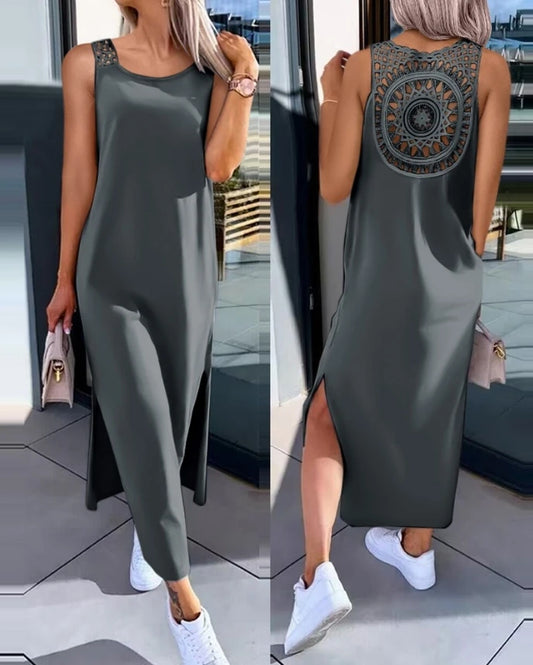 Vestidos Femininos 2024 Moda Verão Fenda Vazada Casual Tecido Decote Redondo Sem Mangas Diário Reto Vestido de Panturrilha Média