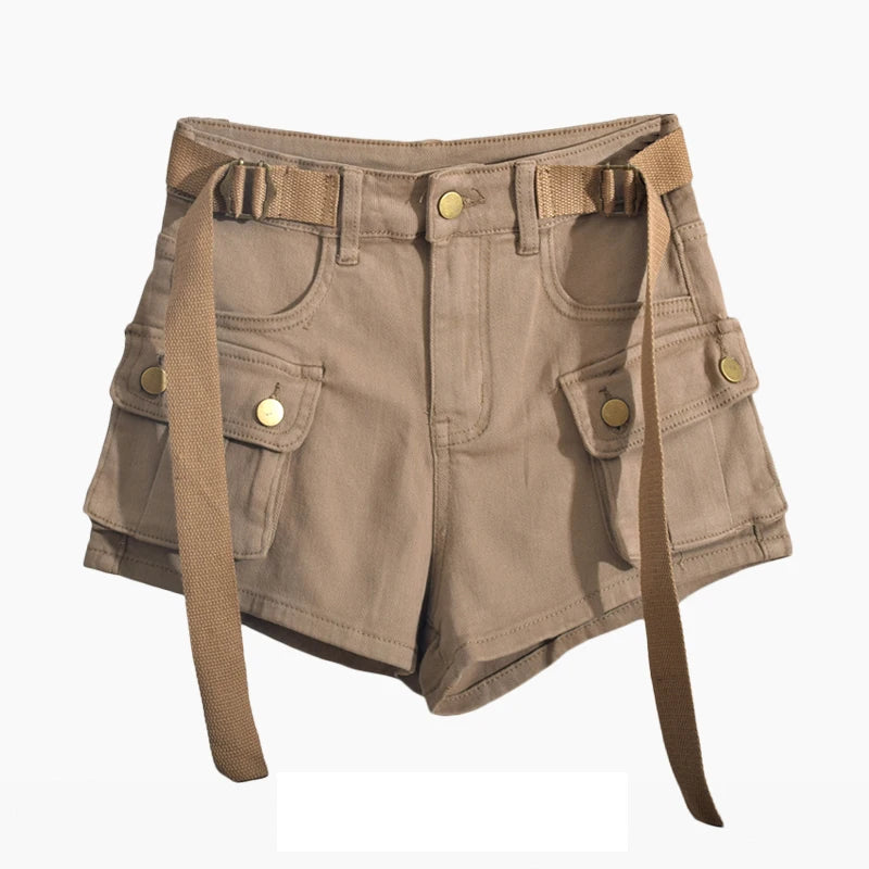 Shorts jeans de bolso grande para mulheres elásticas finas 2024 novas calças cargo curtas de cintura alta primavera/verão para meninas legais calças jeans quentes
