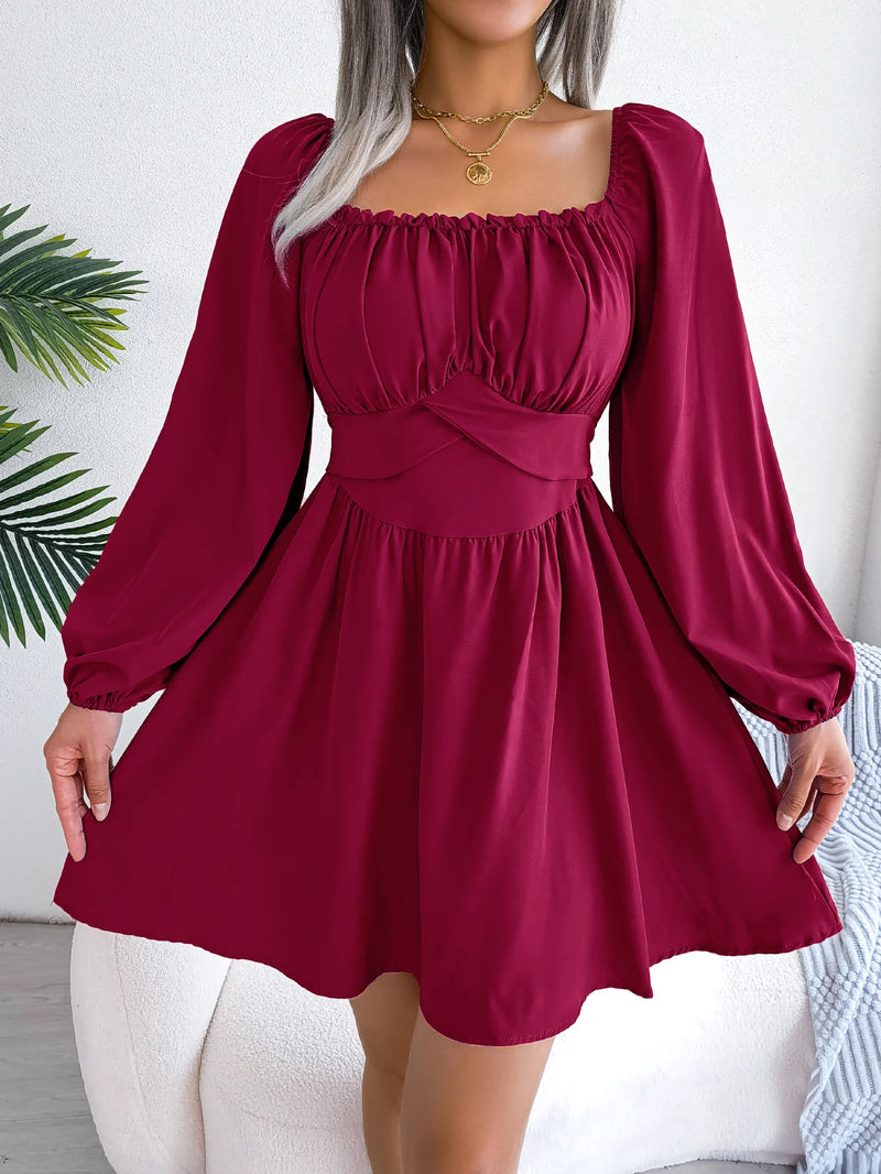Vestido Casual Franzido com Decote Quadrado e Manga Longa com Acabamento em Babados para Primavera e Outono, Roupas Femininas